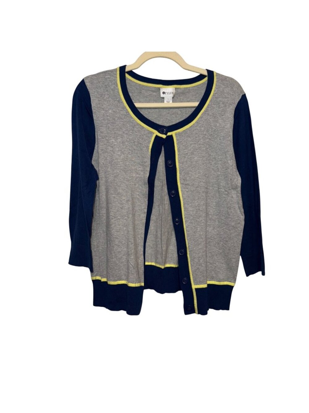 Stylus Womens Gray/Navy Cardigan Yellow Trim Button Front Size L